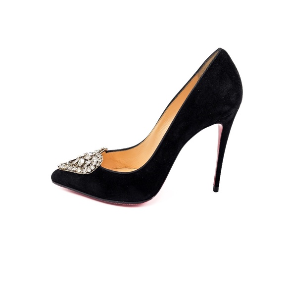 Christian Louboutin Crystal Heart Studded Black Suede Pumps Heels EU 37.5 - Picture 4 of 9